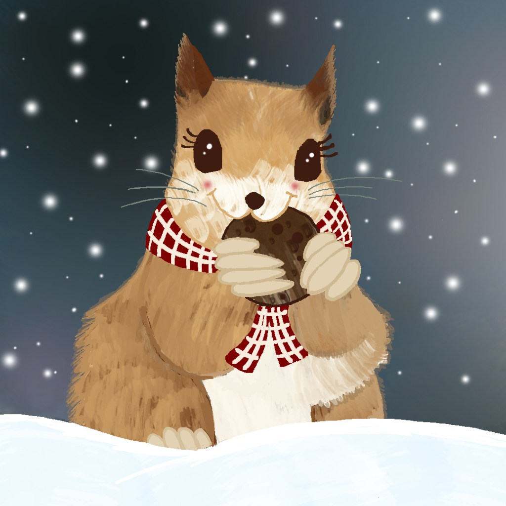A children book's illustration of a squirrel eating a cookies in a snowy landscape
