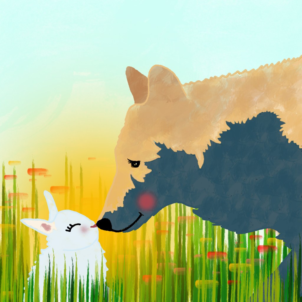 A children book's illustration of a rabbit kissing a wolf in a meadow.