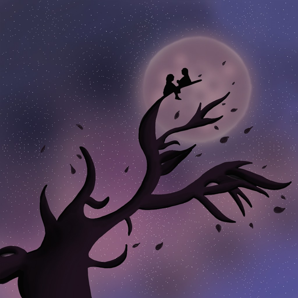 Silhouette of a tree reaching up to the moon with two children sitting on top of it