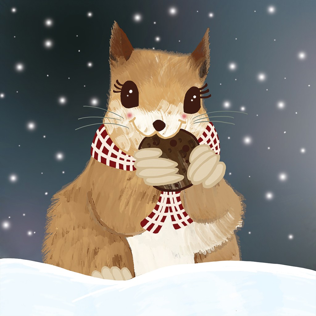 A digital painting of a squirrel eating a cookie