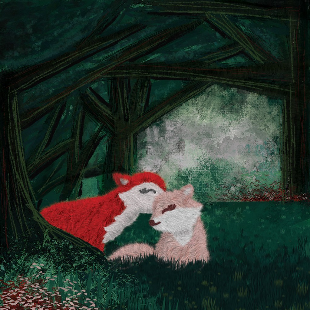 A digital painting of two foxes in a forest
