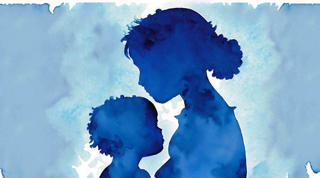 A blue watercolour silhouette of a mother and child